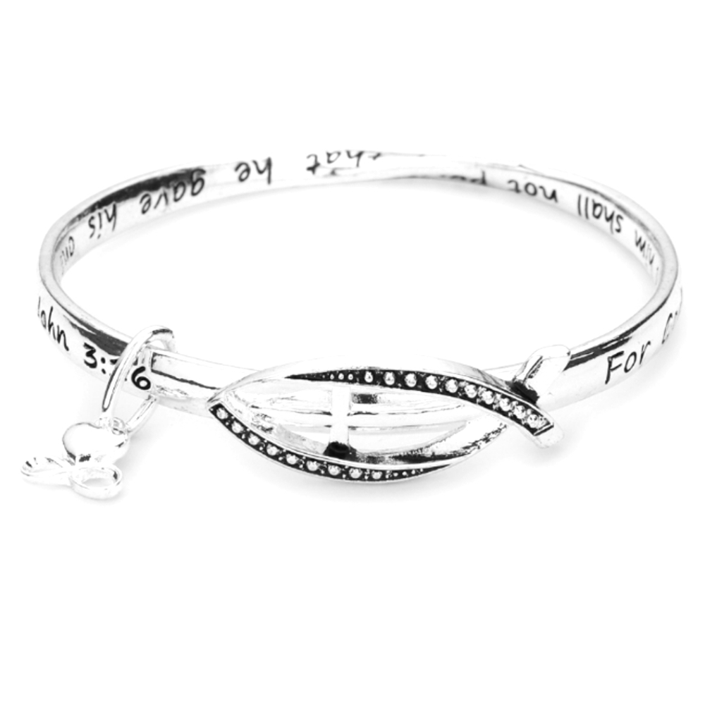 John 3:16 Inspirational Silver Tone Bangle Bracelet with Black Accents NWT